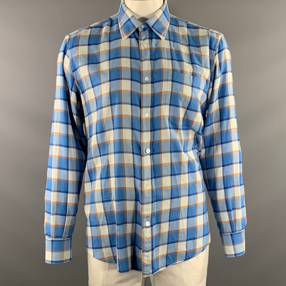 FRAY Size L Blue Orange & White Plaid Cotton Pointed Collar Long Sleeve Shirt